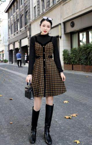 【现货】格子假两件连衣裙，女装连衣裙，艾丹迪蔓