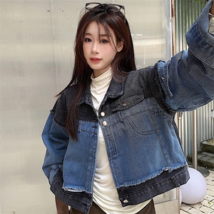 复古港风短款拼接牛仔外套新款女春秋韩版百搭夹克上衣NZ003-80,深蓝色裤子怎么搭配上衣图图片