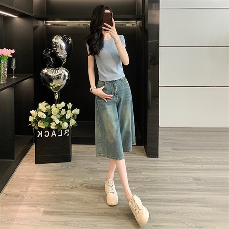 欧货休闲时尚套装女夏新款圆领后背系带镂空短袖牛仔中裤两件套潮,女装套装/套裙,江南