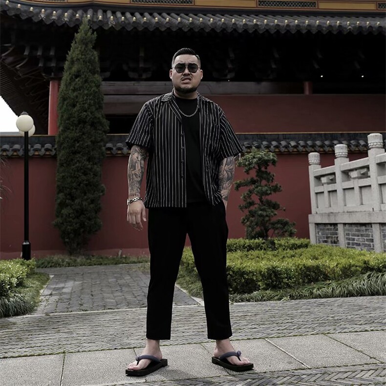 条纹衬衫外套男港风日系休闲宽松大码衣服黑色男士短袖衬衣夏季薄,男装T恤,星座1210-1