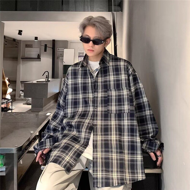 Y75复古格子衬衫男士痞美式少年感宽松外套休闲男生上衣服,男装衬衫,星座308A-1（原309B-1）