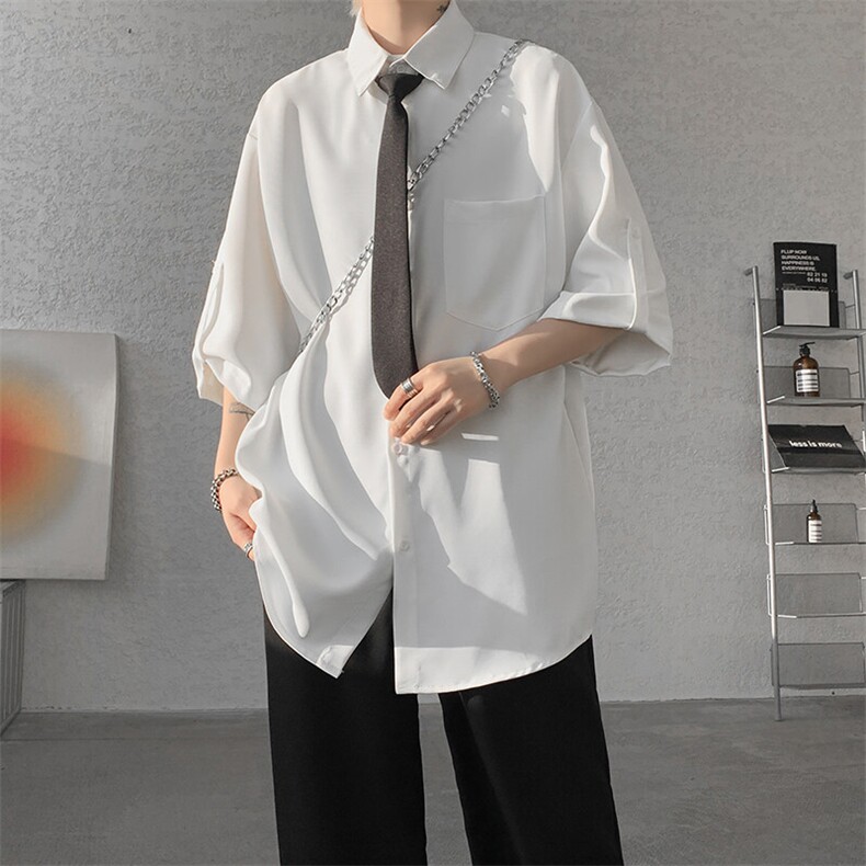 M-8XL领带衬衫短袖特大码垂坠感夏季冰丝外套DK制服衬衣DC5005P45,男装衬衫,电商B238