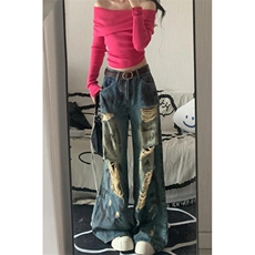 复古牛仔裤女新款破洞夏季款设计感小众宽松显瘦阔腿裤子NA424，男装牛仔裤，星座1116A（原606A-3）
