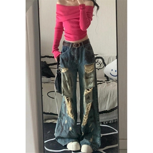 复古牛仔裤女新款破洞夏季款设计感小众宽松显瘦阔腿裤子 NA424图片