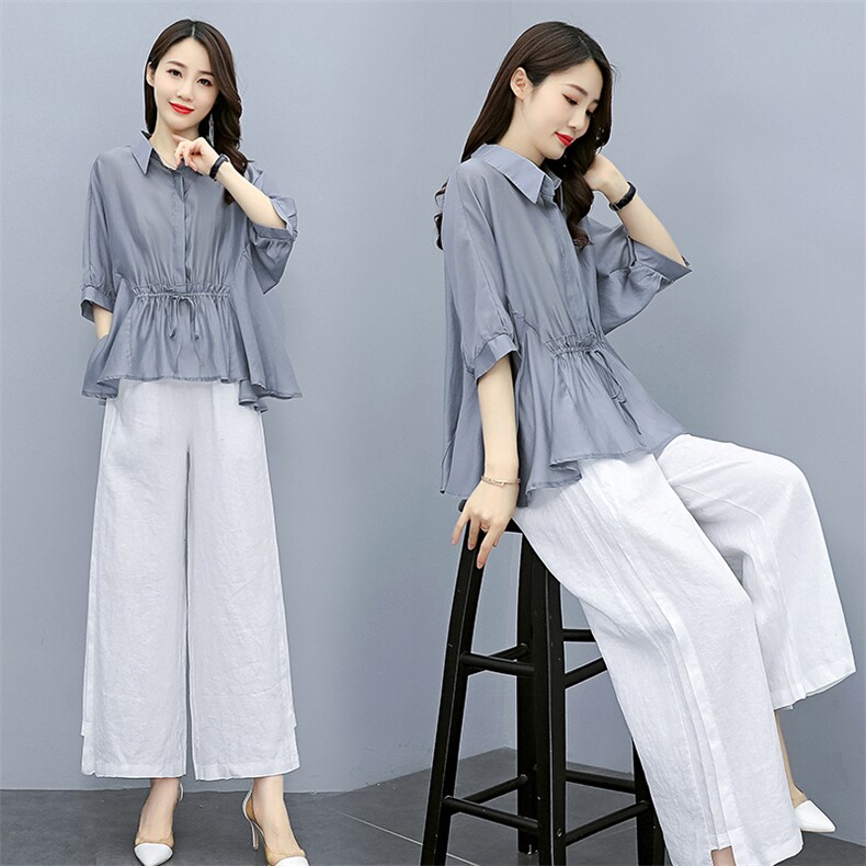 时尚衬衣套装女夏2025新款夏装韩版宽松显瘦气质棉麻两件套阔腿裤，女装套装/套裙，水衣源