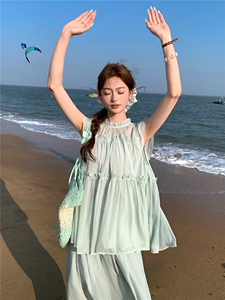水衣源2729款纯色木耳边荷叶袖A字小衫阔腿裤冰爽套装女夏图片