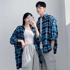 春装~情侣长袖衬衫宽松格子衬衣男女生大格纹寸衣外套，男装衬衫，星座716A-1（原星座815）