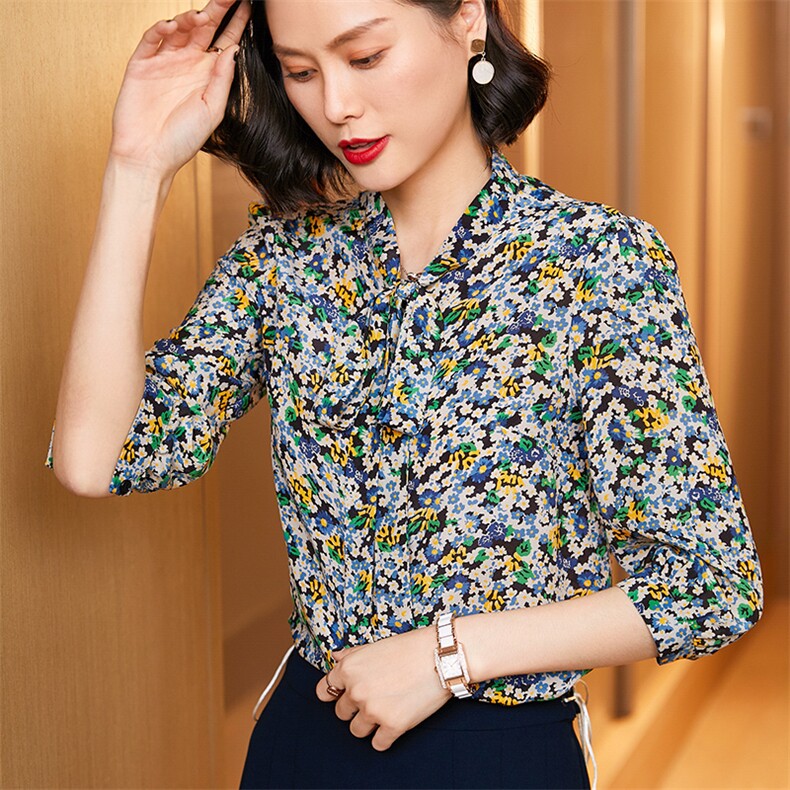 时尚优雅小碎花真丝衬衫修身显瘦长袖上衣适合春季穿着,女装衬衫,宋氏羊绒