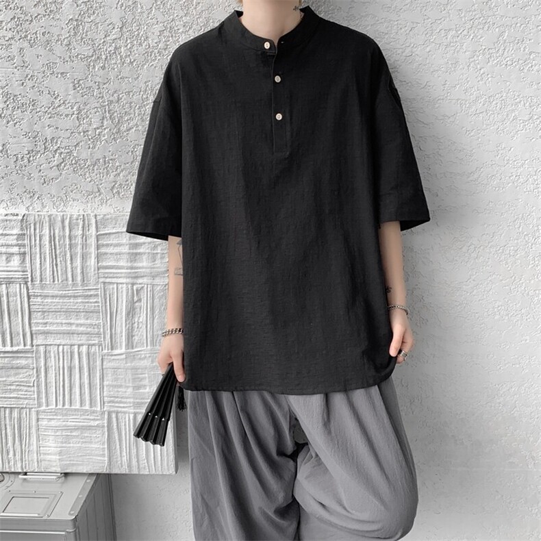8XL-M中式立领棉麻T恤特大码亨利领亚麻短袖polo衫半袖DX1210/P45,男装T恤,电商B238