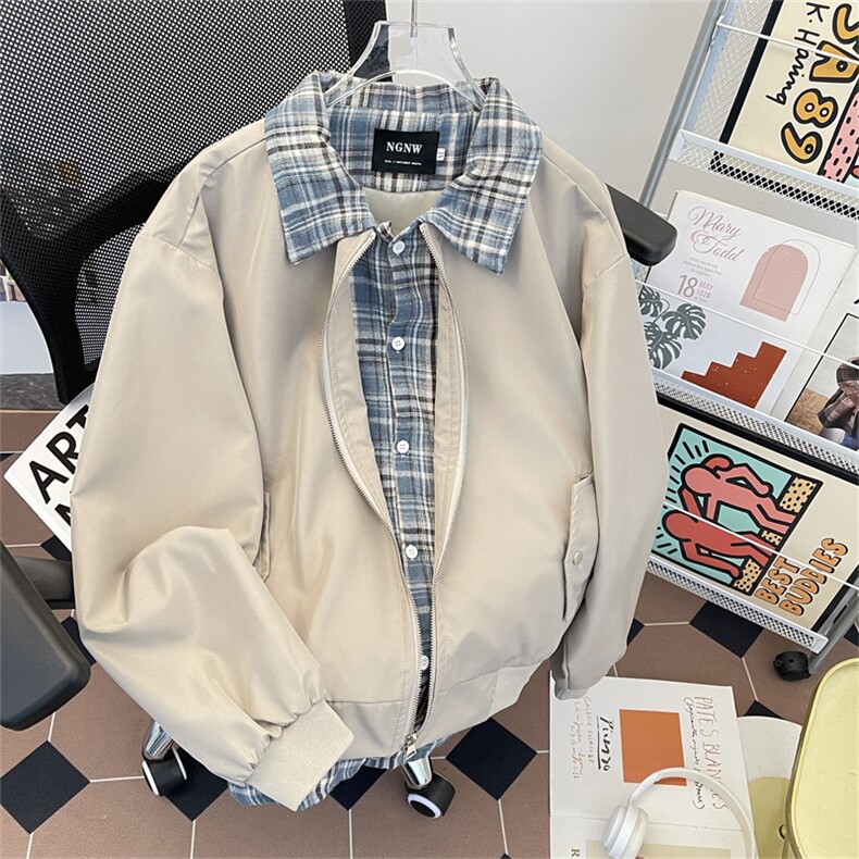 复古格子翻领夹克男装ins潮牌宽松休闲飞行员工装外套JK06633-P70,男装夹克,星座308B-2