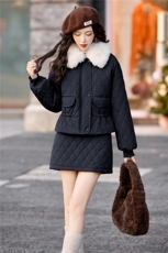 复古菱格羽绒服套装裙女2025冬季新款超好看气质毛领收腰两件套，女装套装/套裙，流量+