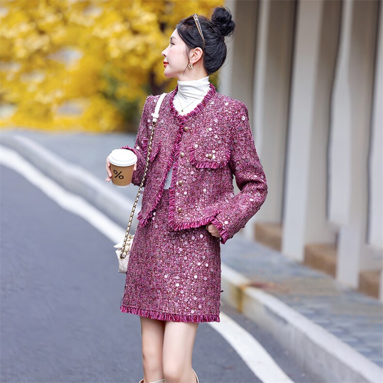 2024年冬季新款法式小香重工亮片流苏半裙两件套20毛,女装套装/套裙,奕薇雅