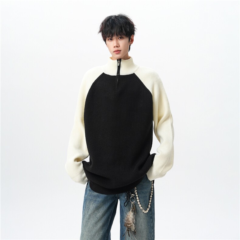 8XL-M半拉链立领毛衣外套男针织衫慵懒拼接插肩袖线衣MY19001P78,男装针织衫/毛衣,电商B312