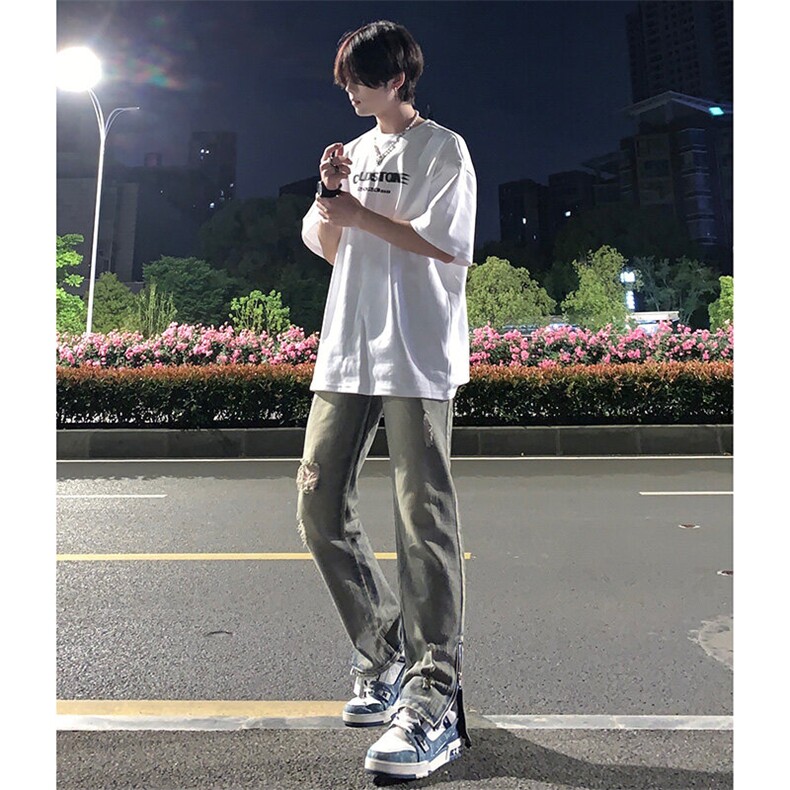 欧美hiphop街头破洞牛仔裤直筒微喇叭修身vibe美式乞丐裤潮牌,男装牛仔裤,星座310A-4