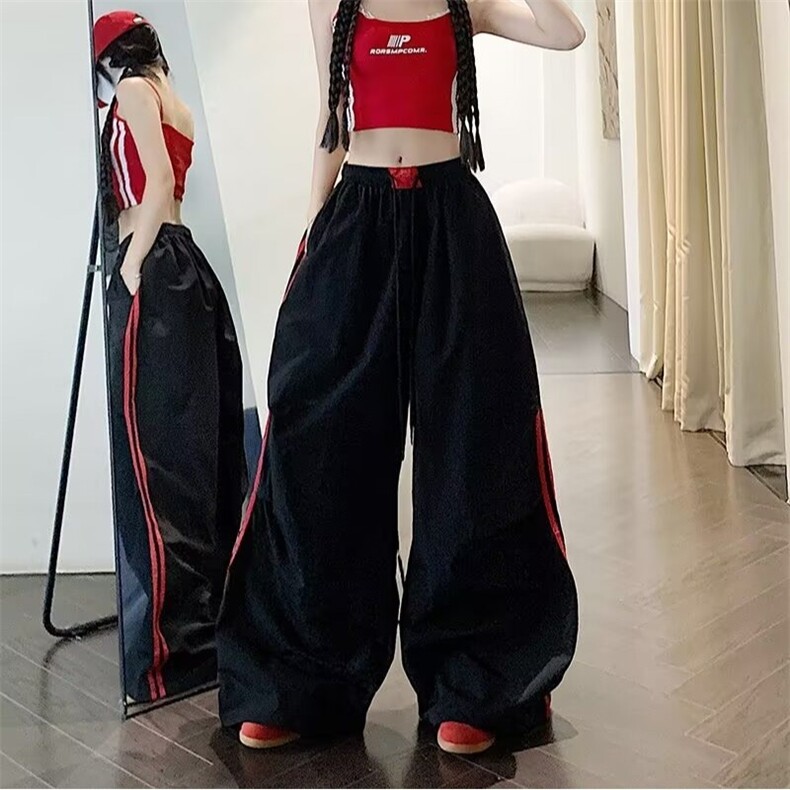 美式撞色条纹速干工装女夏季薄款伞兵宽松拖地裤阔腿运动休闲裤子,男装工装外套,星座506A