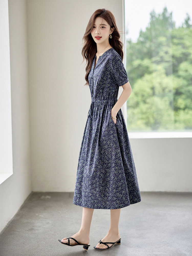 时尚碎花棉麻短袖连衣裙女2026夏季新款收腰显瘦休闲气质V领裙子,女装连衣裙,倪叶myz