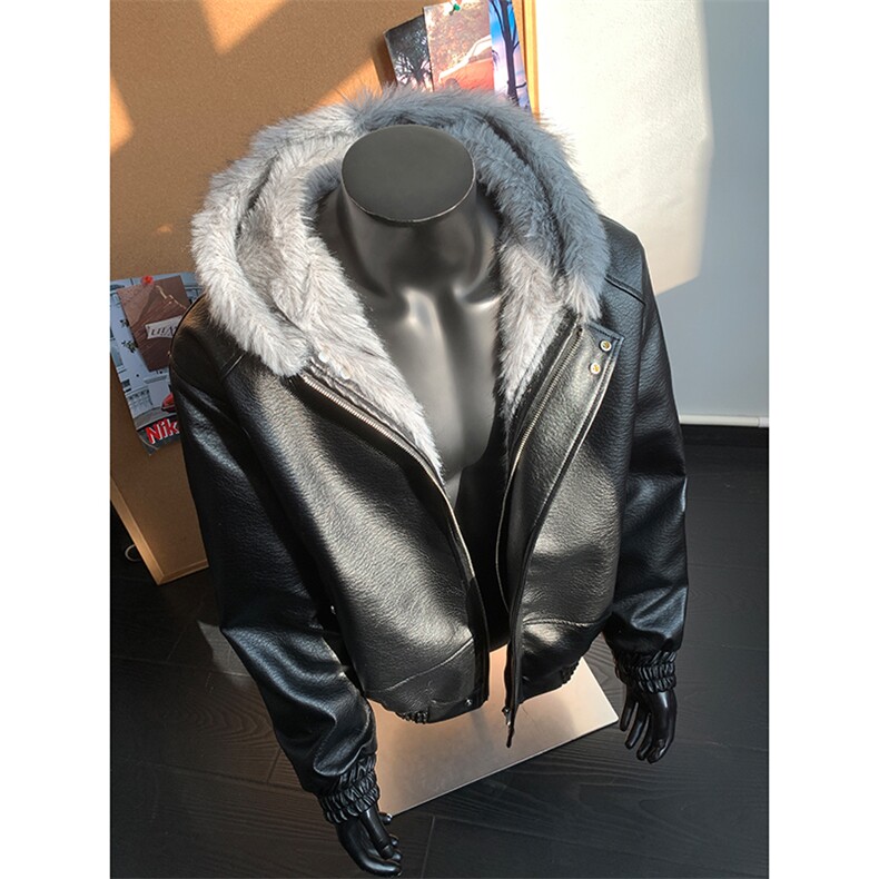 网图狼王座山雕连帽棉衣PU皮银狐绒外套9176-P120特,男装棉衣,电商B380（原B361）
