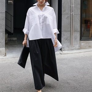 2025春装新款衬衫女韩版宽松大码斗篷型长袖不规则衬衣时尚上衣，女装衬衫，红依娜