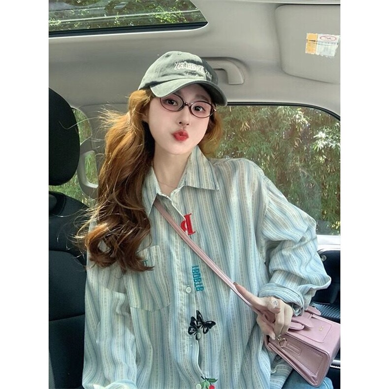 Q61/P47美式复古男女条纹衬衫刺绣长袖衬衣1,男装衬衫,星座1506