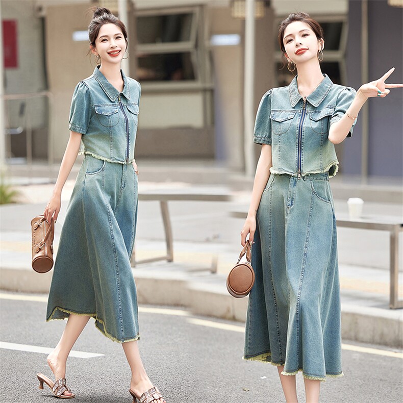 大量现货！短袖牛仔套装女2024夏季新款女装两件套时尚套装裙子,女装套装/套裙,慧尚依恋