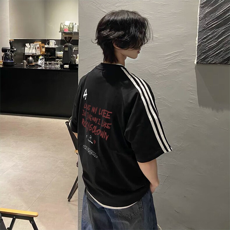 抖音得物高品质二开240克宽松纯棉美式潮牌三条杠织带短袖T恤,男装T恤,电商A486-1