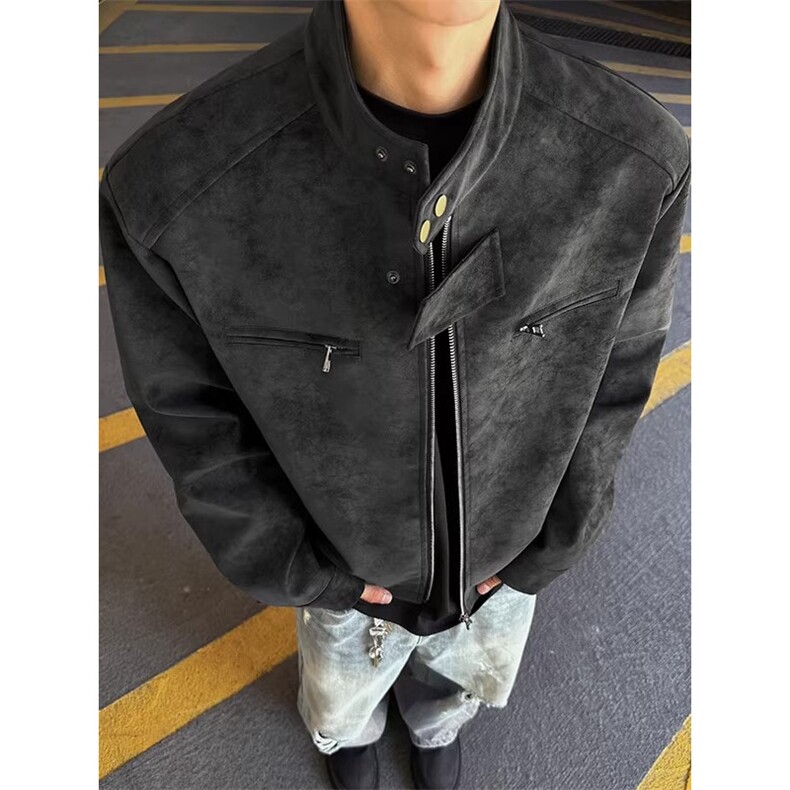 1506/Q72350/P60做旧复古机车服立领pu皮夹克棕色皮衣款修身上衣,男装夹克,星座1506