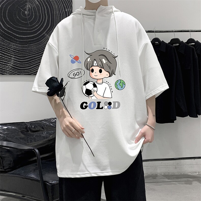 LD54207-P45连帽短袖t恤男大码胖子带帽五分袖中袖,男装T恤,电商A040