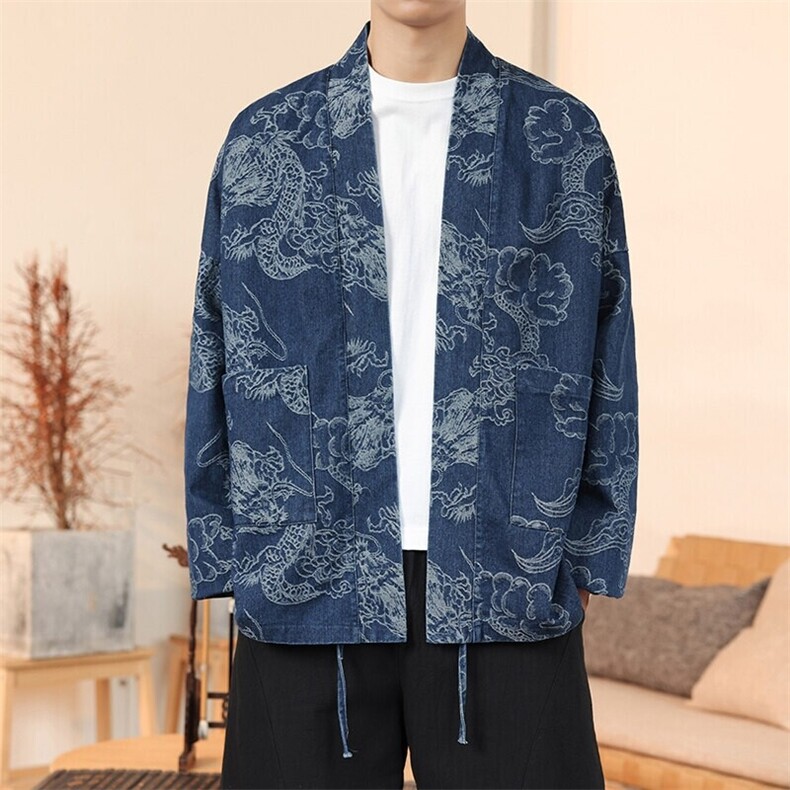 春夏新中式道袍龙纹牛仔开衫日系风外套潮汉服H335/P110,男装夹克,钱塘713