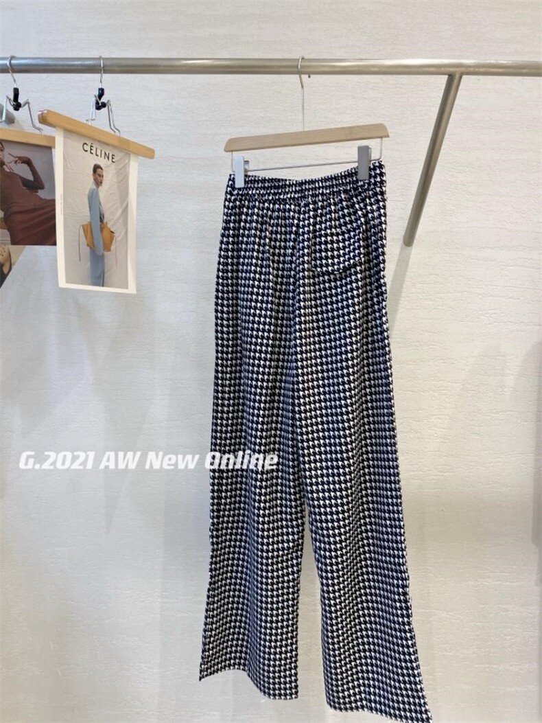 现货秋季新款千鸟格厚松紧腰直筒裤均码，其它，G