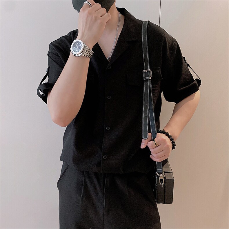 8949/P58控88夏季小伙高级感暗黑风工装开衫男士短袖T恤上衣黑首1,男装T恤,星座305B