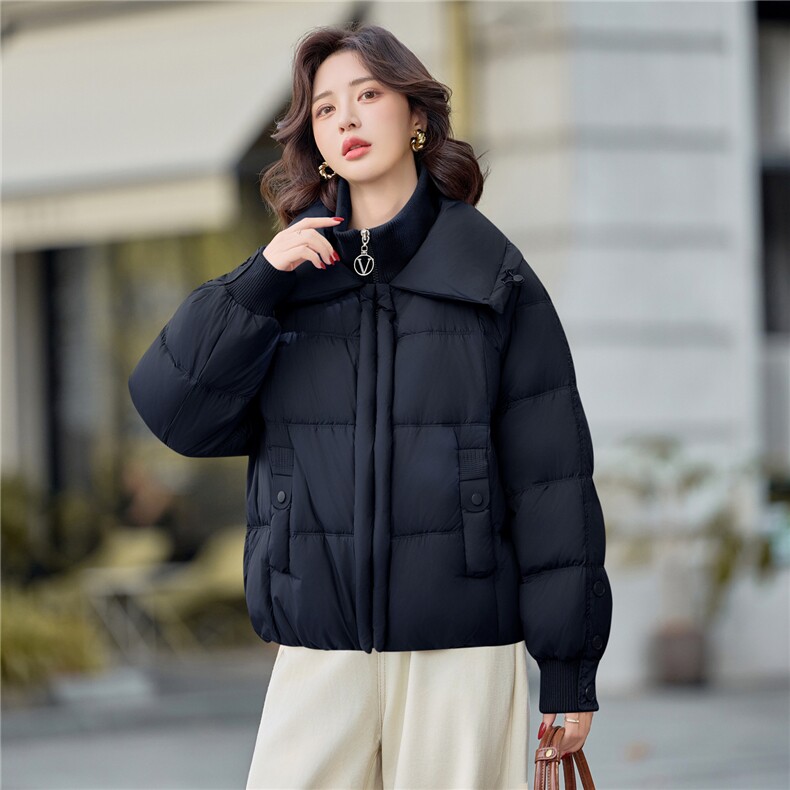 现货90%白鸭绒2025年冬季双层领短款羽绒服外套,女装羽绒服,米雪儿
