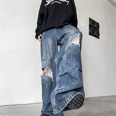 高街破洞做旧废土vibe裤子宽松直筒拖地牛仔裤男女潮牌00788-P58，男装牛仔裤，星座1008