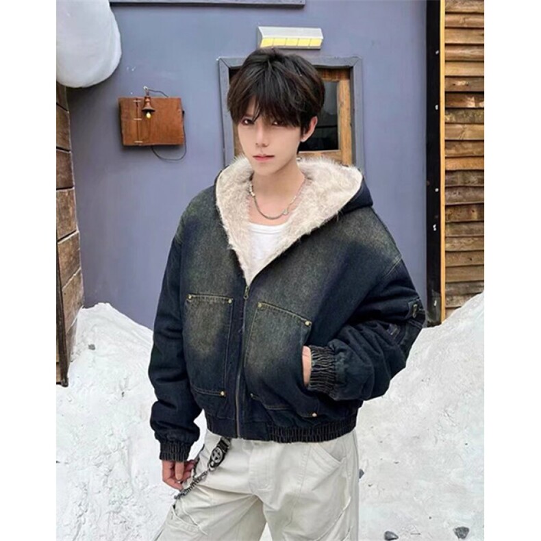 连帽牛仔棉服男女水洗座山雕毛领复古加绒加厚夹克外套JJ63,男装夹克,星座1116A（原606A-3）