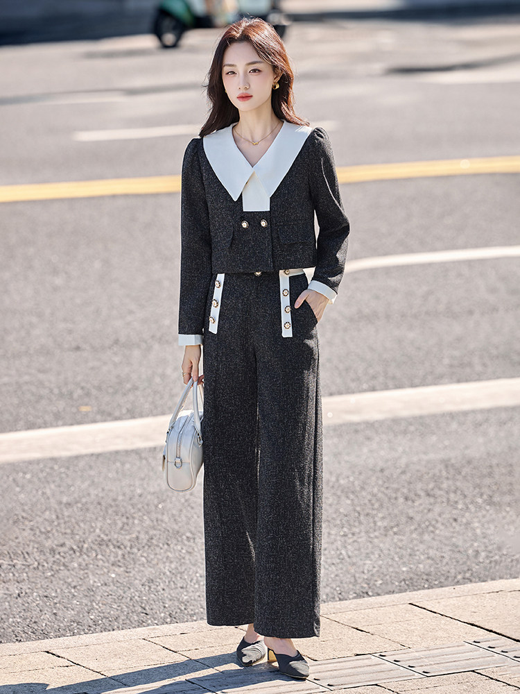 现货法式小香风翻领套装女2025年春秋新款气质减龄阔腿裤两件套,女装套装/套裙,伊仟回
