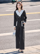 现货法式小香风翻领套装女2025年春秋新款气质减龄阔腿裤两件套，女装套装/套裙，伊仟回