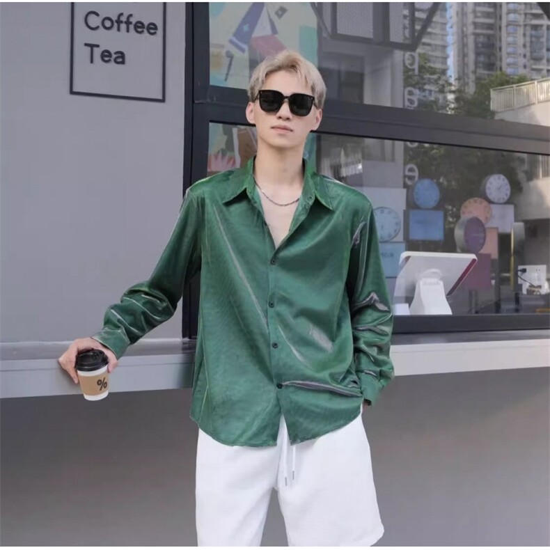 C08设计感丝滑衬衫宽松韩版反光亮面高级垂感小众痞帅衬衣长袖，男装衬衫，星座308A-1（原309B-1）