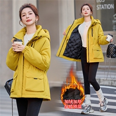 2025年冬季时尚休闲加绒加厚宽松连帽中长款棉衣，女装棉衣/棉服，依恋蒂丝