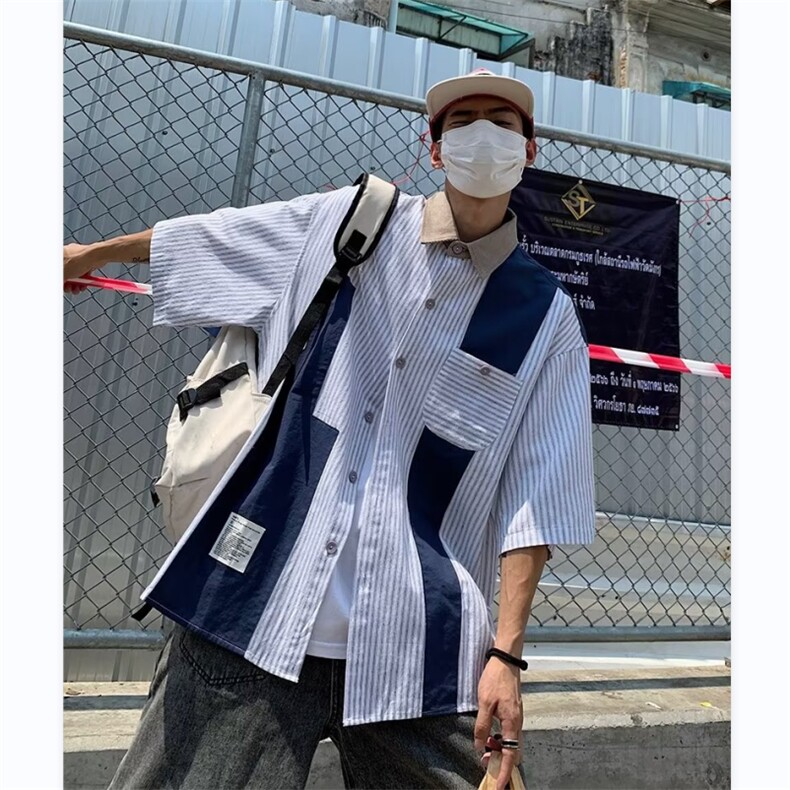 日系阿美咔叽薄款条纹拼接工装短袖衬衫男夏季休闲衬衣CY211-P34,男装衬衫,星座412-3