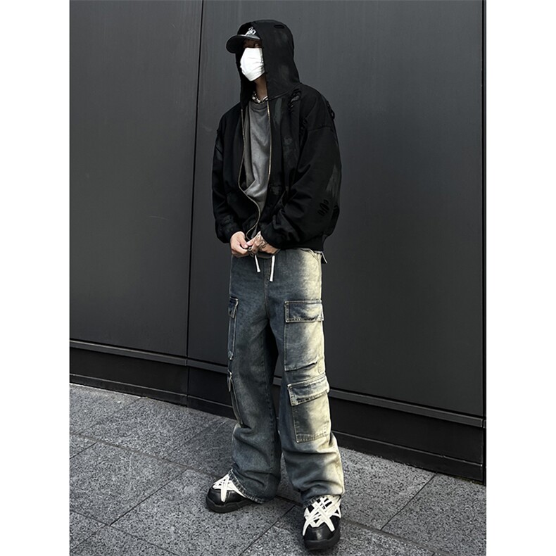 B221美式ins高街重工艺宽松做旧工装牛仔裤子LK23143-P80控108,男装牛仔裤,电商B221