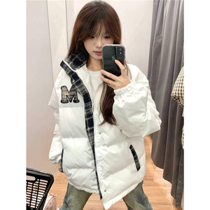 原创美式复古休闲格子拼接字母加厚棉服外套宽松情侣冬季棉衣图片
