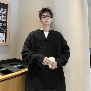 慵懒风V领灰色毛衣男复古日系痞帅休闲宽松oversize情侣针织上衣图片