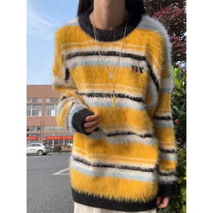 秋冬美式条纹设计感针织衫毛衣男女慵懒水貂毛外套LMY4377-P55图片