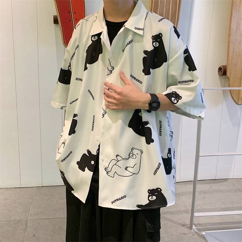 日系宽松半袖垂感翻领夏季衬衫印花短袖男生休闲衬衣 W707-P30图片