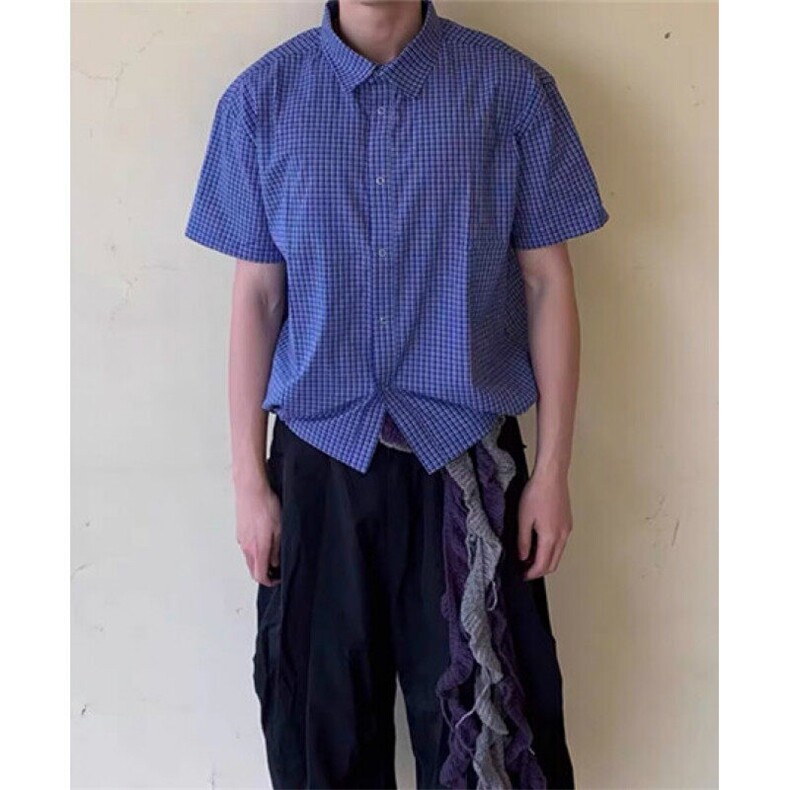 蓝色格纹抽绳短袖衬衫男女短款五分袖衬衫miu系上衣CQ2278,男装T恤,星座1116A（原606A-3）