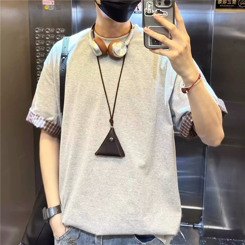 网图夏季格子翻边设计短袖假两件文艺时尚休闲T恤TX23-P40,男装T恤,星座1001-1