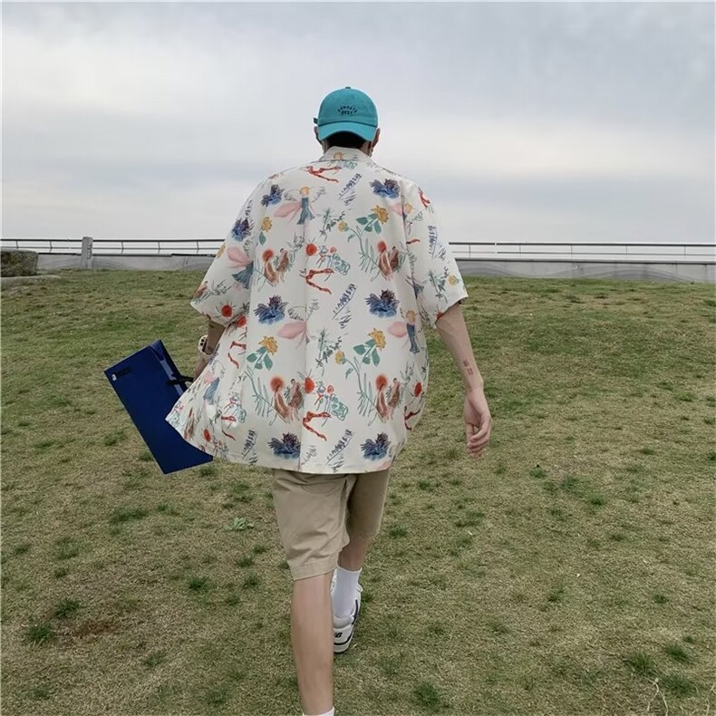日系五分袖春夏季新款衬衫潮流慵懒男方领宽松型衬衫C757P33,男装衬衫,星座1116-2