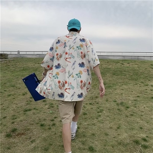 日系五分袖春夏季新款衬衫潮流慵懒男方领宽松型衬衫C757P33图片