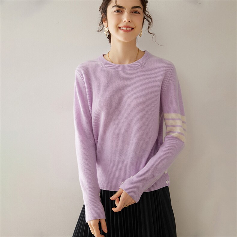 秋冬季新款舒适显瘦时尚百搭BF圆领袖子四道杠羊绒衫,女装羊绒衫,绒知纯羊绒