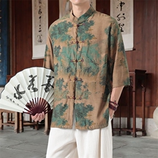 男士衬衫五分袖衬衣中袖印花立领唐装风XZ1512-2605-P45，男装T恤，星座1512