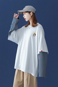 中性 秋季宽松印花潮流情侣款假两件长袖T恤  T151P35控48图片